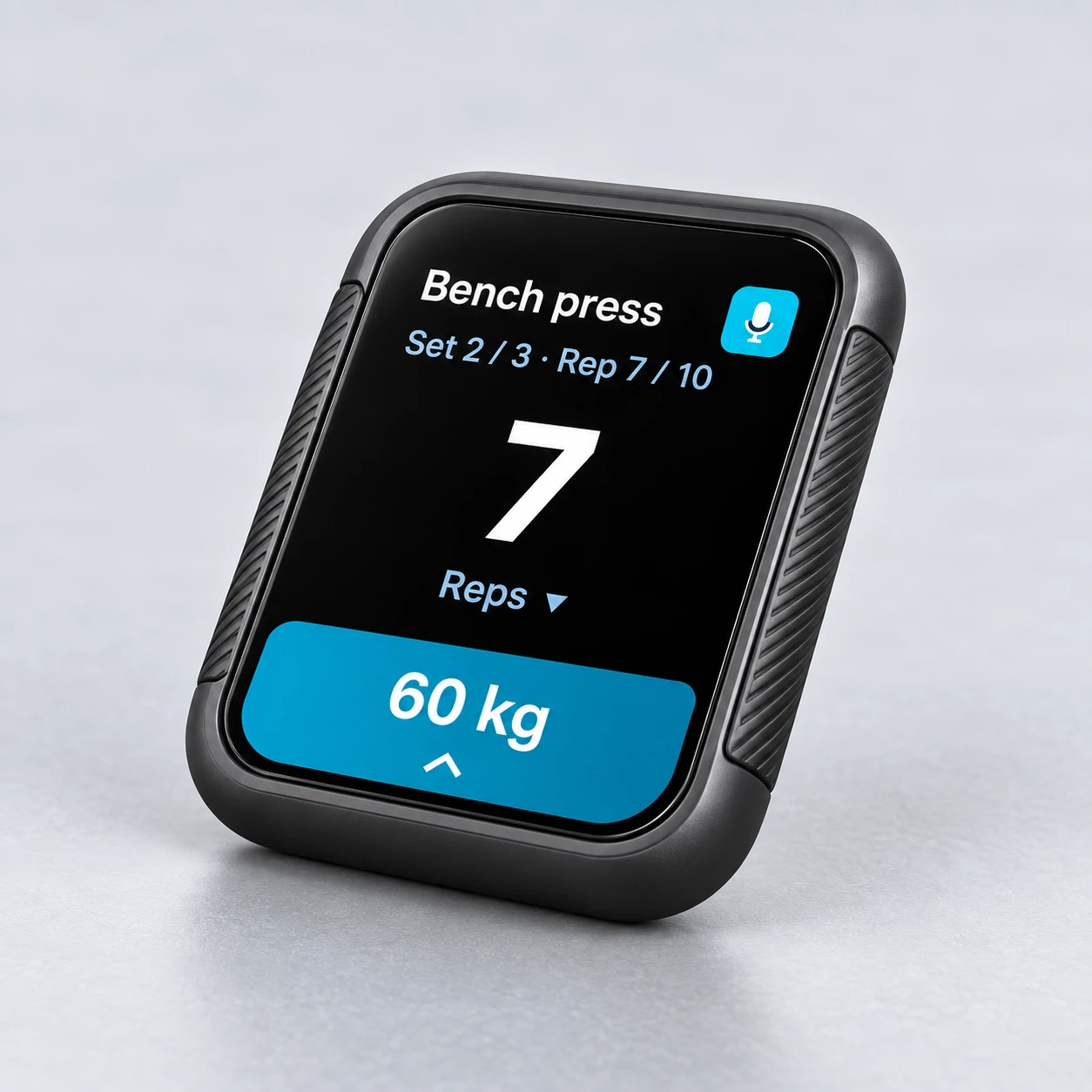 Realistic SAYREP device render showing the live rep-count screen