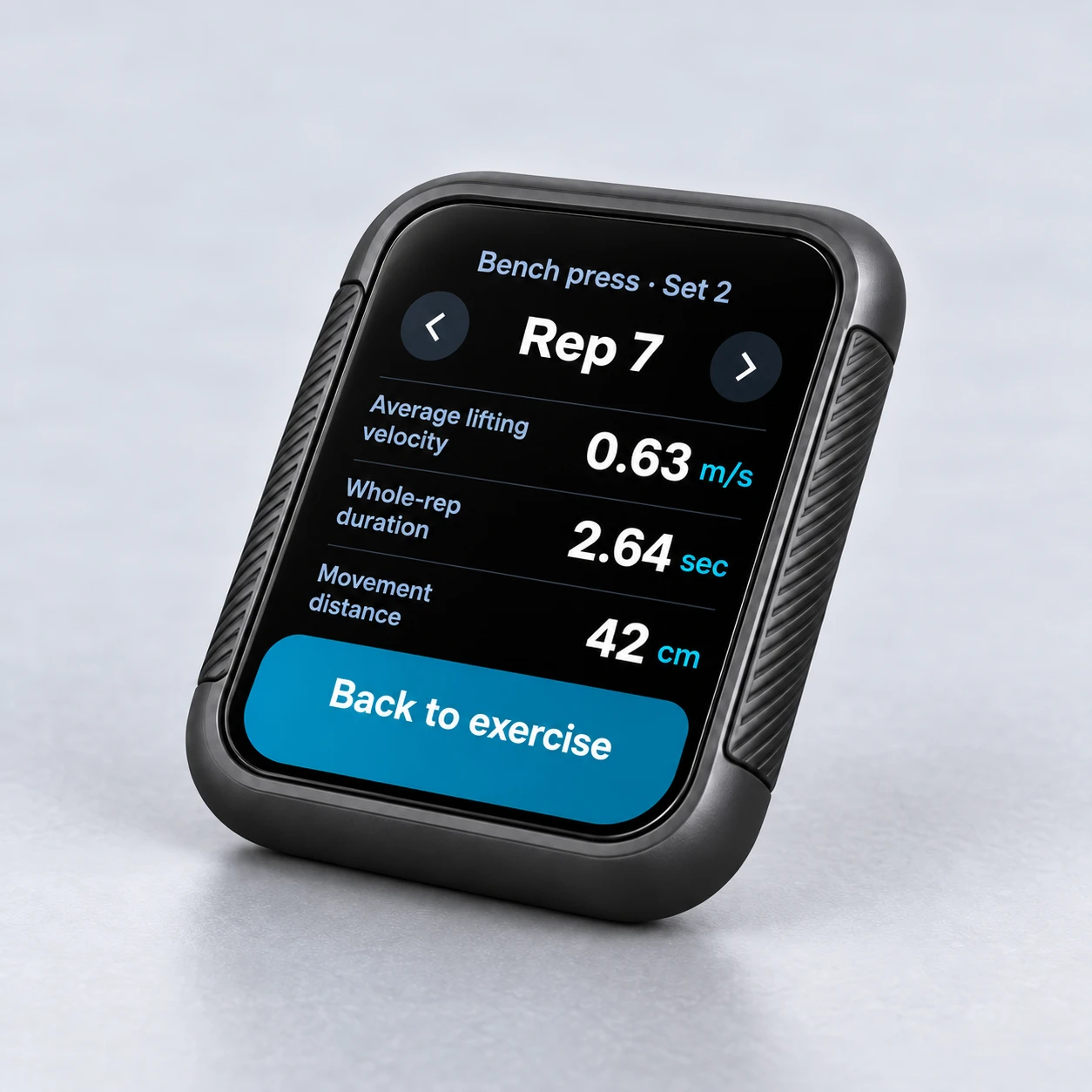 Realistic SAYREP device render showing the per-rep metrics screen